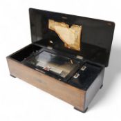 A late 19th century Swiss cylinder music box, 56cm wide.