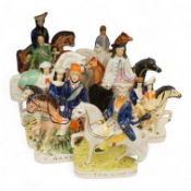 Thirteen Staffordshire pottery equestrian figures to include Tom King, Dick Turpin and Sir Colin