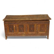 A chip-carved oak miniature coffer with incised date 1901 to the interior, 28cm wide