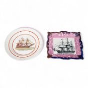 A 19th century Sunderland pink lustre ‘ship’ plaque and an HMS, Duke of Wellington plate, largest