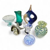 A collection of mid century and later art glass vases and ornaments, largest 39cm high