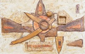 Mid century relief abstract panel with painted decoration, 46 x 73cm