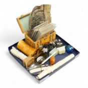 A group of mixed collectables including postcards, bone items, Chinese miniature hardstone