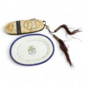 A Chinese embroidered spectacles case and an armorial oval miniature dish