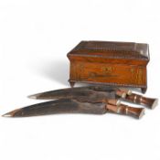 A Victorian brass inlaid rosewood workbox, together with two kukri knives, each 45cm in length