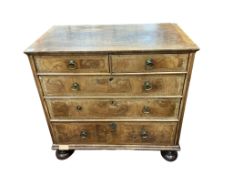 An early 18th century feather banded walnut chest, damaged, width 95cm, depth 54cm, height 91cm