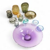 A collection of mixed coloured Whitefriars ‘Controlled Bubble’ and ‘Knobbly’ glassware, largest 37cm