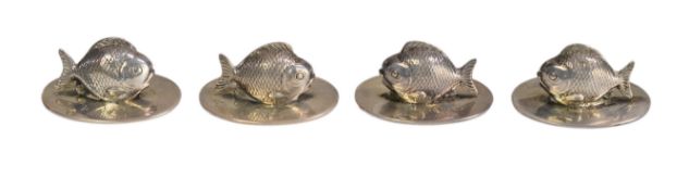 A cased set of two pairs of Edwardian silver menu holders, each modelled as a fish, by Sampson Morda