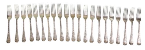 A harlequin set of twenty one Victorian and later silver fancy pattern table forks