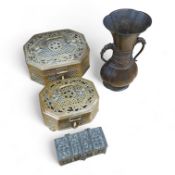 A Japanese archaistic bronze vase, seal mark to base, together with two Indian brass Paan boxes