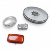 A continental 935 standard white metal oval box, with inset frosted glass and marcasite set hinged