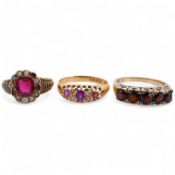 Three rings, comprising: a synthetic ruby and split seed pearl ring, the band applied with stripes