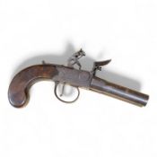 A double barrel flintlock, tap action pocket pistol by Collis of Oxford, with sliding top thumb
