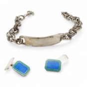 A 1970's silver identity bracelet and a modern pair of silver and two colour enamel cufflinks.