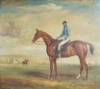 A decorative varnished oleograph, Jockey on horseback, horse racing interest, Studio M Canal stamp
