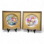A pair of Noritake floral plates, signed S. Tokohashi, frames in gilt mounts and frames, plates 18.