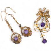 An amethyst and seed pearl demi-parure, early 20th century, comprising: a pendant of foliate