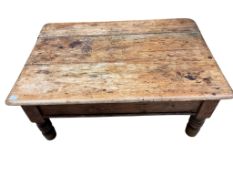 A Victorian rectangular pine coffee table, adapted from a kitchen table, width 120cm, depth 85cm,