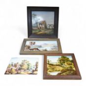 Four ceramic painted plaques depicting landscapes to include ‘Upper Lake Killard’, three framed,