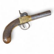 A boxlock percussion pocket pistol with turn off barrel, Birmingham proofs, engraved brass frame,