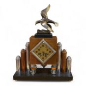 An French Art Deco copper and chrome mantel clock, with bronze seagull surmount, 57cm high