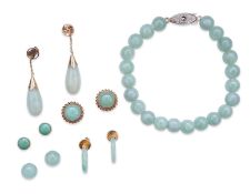 A collection of jadeite jewels, comprising: a bead bracelet with a silver clasp; together with three
