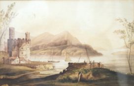 19th century, English School, Castle and lake, watercolour, 16.5 x 24.5cm