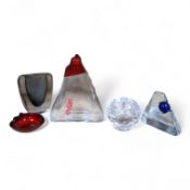 A collection of glassware including a Kosta Boda snowball pot and an Evian advertising water bottle,