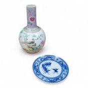 A Chinese famille rose vase, mid 20th century and a Chinese blue and white ‘boys’ dish, c.1900, vase