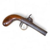 A boxlock percussion pocket pistol with turn off barrel etched with ribbon twist, engraved rounded