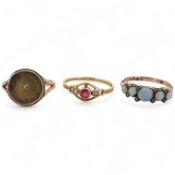 Three rings, comprising: a synthetic ruby and seed pearl ring, size O, French assay marks for 18ct