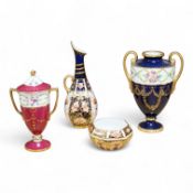 A Royal Crown Derby Imari miniature bowl and similar ewer, together with two Minton two handled