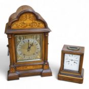 A rosewood mantel clock with French silk suspension movement, together with an Edwardian marquetry