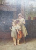 Arthur Acland Hunt (fl.1863-1902), Children measuring their height, signed, oil on panel, 36 x 27cm,