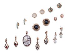 Eight pairs of earrings and pendant, comprising: a pair of onyx studs; a pair of emerald studs; a
