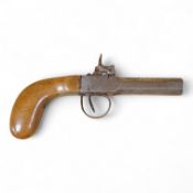 A Belgian boxlock percussion pocket pistol with octagonal barrel, hammer offset for sighting, and