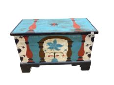 A painted chest, floral decorated and inscribed, width 102cm, depth 49cm, height 67cm