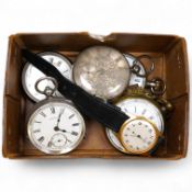 Four assorted silver or white metal open faced pocket watches including Waltham, a brass cased