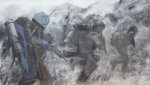 Keith Holmes (b.1944), Battle scene, charcoal, details verso, 55 x 96cm