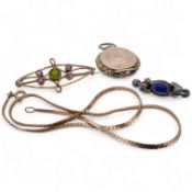 A group of jewels, comprising, a 9ct gold flat curb chain, length 37.5cm, British hallmarks, gross