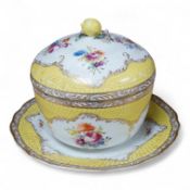 A late 18th century Vienna porcelain ecuelle, cover and stand, hand painted with flowers, 24cm in