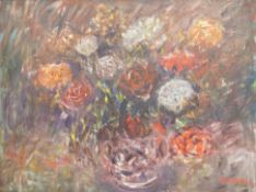 20th century, Continental still life of roses in a vase, indistinctly signed lower right, oil on