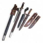 A 1907 bayonet by Wilkinson in its steel mounted leather scabbard, another similar with leather