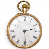 A lady's early 20th century 14K open faced fob watch, with Roman dial and gilt metal dust cover,