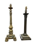 An early 20th century brass Corinthian column table lamp, height 56cm together with a larger Regency