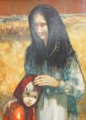 Jean Baptiste Valadié (French, b1933), Mother and child before boats, signed, oil on canvas, 72 x