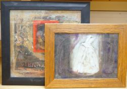 Two abstract compositions to include a dove, indistinctly initialled and dated '95, mixed media