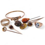 A collection of stick pins, bangle and ring, comprising: a 9ct gold and seed pearl bangle centring