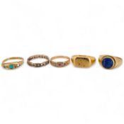 Five gold rings, comprising: an 18ct gold and turquoise ring, British hallmarks; a paste eternity