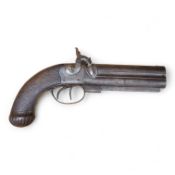 A double barrel over and under 16 bore percussion holster pistol by J. Beattie, barrels 14cm, London